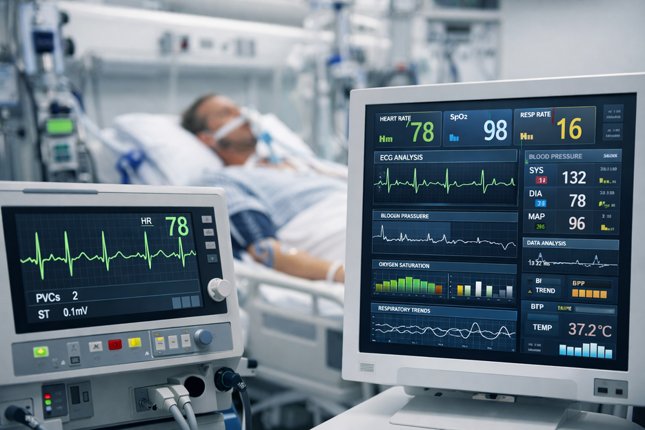 Bildschirm mit Elektrokardiogramm und Frequenzmesser auf einer Intensivstation in einer Klinik